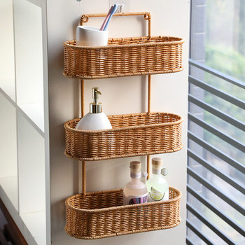 Imitation Rattan Bathroom Storage Rack Without Punching Bathroom Shower Gel Organizer Shelf Kitchen Storage Rack Multi-Layer