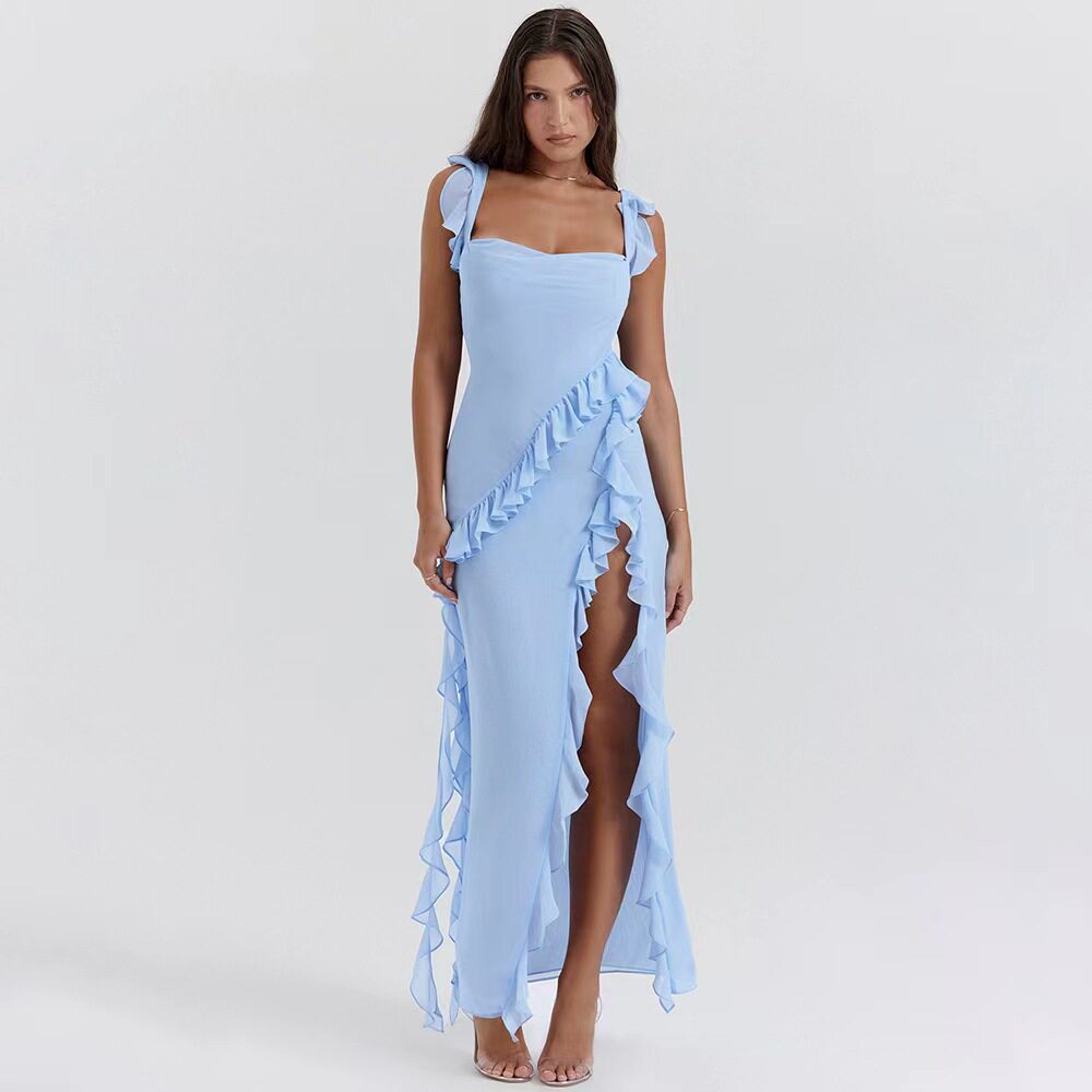 Fashionable Womens Dress Ruffled Trim Split Design Elegant Style Summer and Autumn Collection Wholesale Available