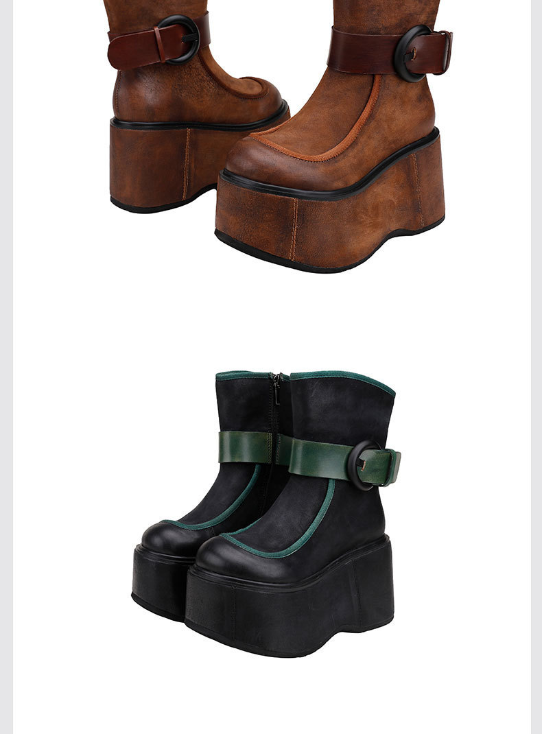 Boot nữ cổ trung da bò thật phối màu đế dày khóa kéo bên — Màu cà phê, Màu đen