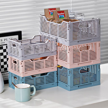 Desktop Storage Basket Folding Plastic Storage Basket Striped Snack Storage Box Overlay Kitchen Living Room Refrigerator Storage Basket