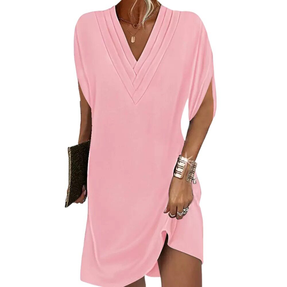 Womens Spring Summer V Neck Batwing Sleeve Dress Pleated Design Elegant Style Perfect for Casual or Formal Occasions