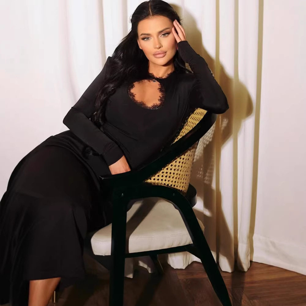 Slim Fit High Stretch Elegant Long Sleeve Dress with Hollow Chest Design and Shoulder Pads Pencil Skirt Style for Formal