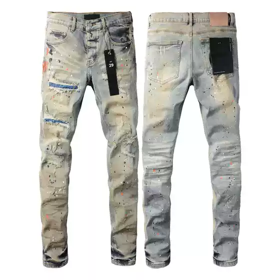 American Retro Washed Ink-Splattered Blue Jeans for Men and Women, Loose Wide-Leg Pants with a Stylish Design