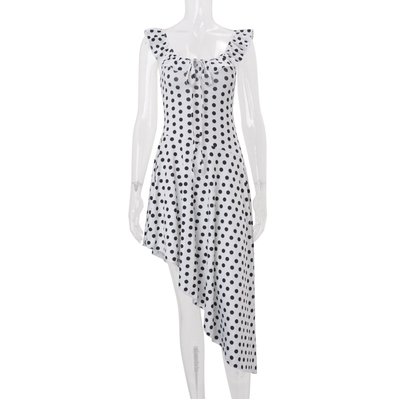 Womens Summer Dress Slim Fit U Neck Ruffle Hem Polka Dot Asymmetrical Design Perfect for Casual Outings