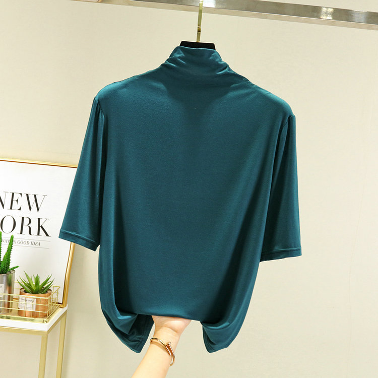 早秋新款纯色基础半高领中袖打底衫女莫代尔棉百搭五分袖T恤上衣