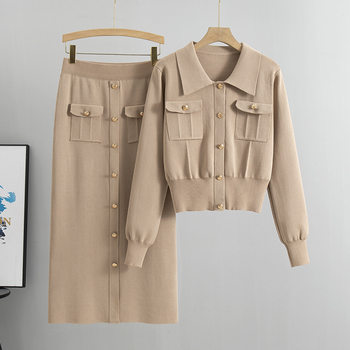 Cross-Border French-Style Lapel Tweed Suit, Spring and Autumn Sweater Cardigan for Women, Knitted Slim-Fit Skirt Two-Piece Set