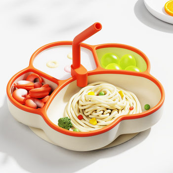 Baby dinner plate compartment cat's claw silicone bowl two-color baby feeding training plate children's suction cup tableware set