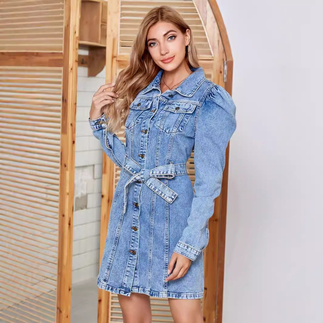 Vintage Denim Long Sleeve Dress Slim Fit Waist Defining Comfortable Fabric Perfect for Casual Outings Wholesale