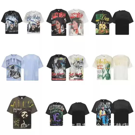 Cross-Border Foreign Trade Trendy Brand Vale Full Range Street Retro Character Cartoon Hip-Hop Print Loose Short-Sleeved T-Shirt for Men