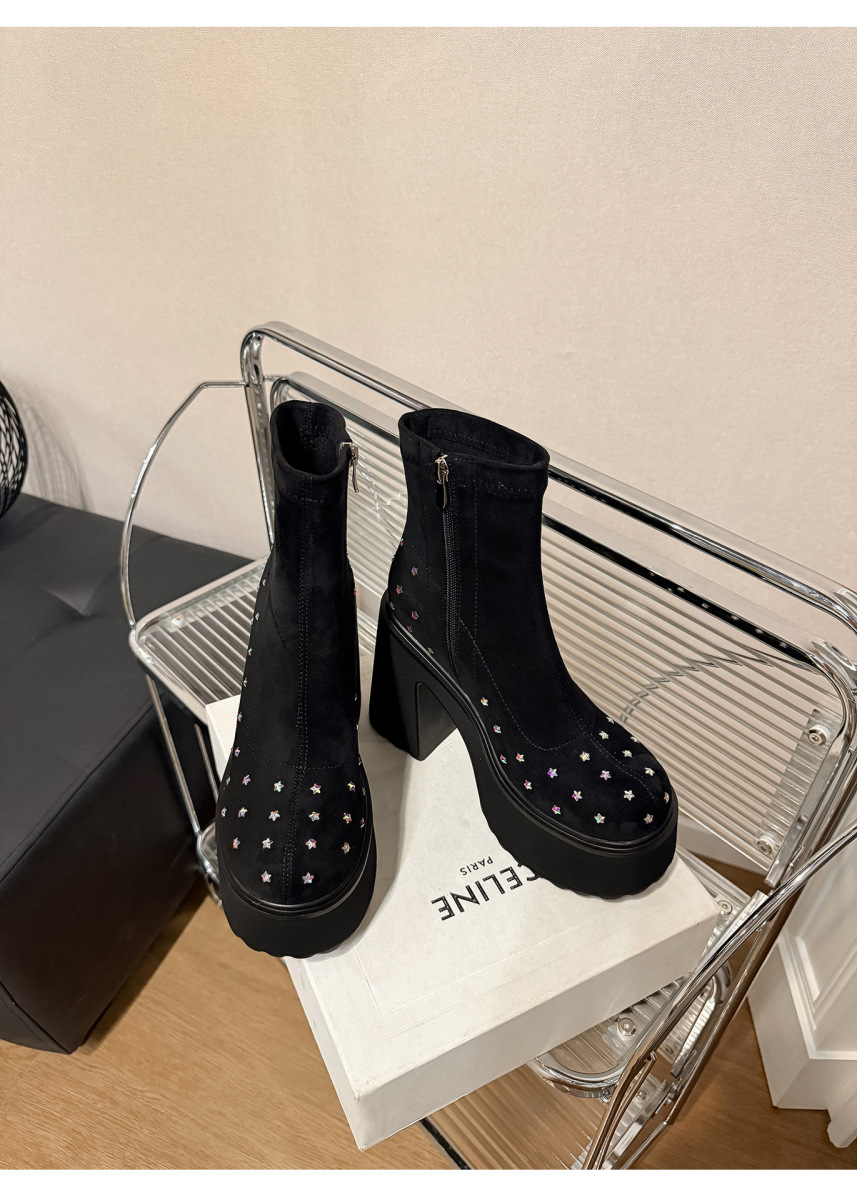 Boot nữ cổ ngắn đế dày khóa kéo bên hông, gót thô tăng chiều cao — Lớp lót đơn màu đen, Lớp lót đơn màu xanh lá, Lót nhung đen, Lót nhung xanh lá