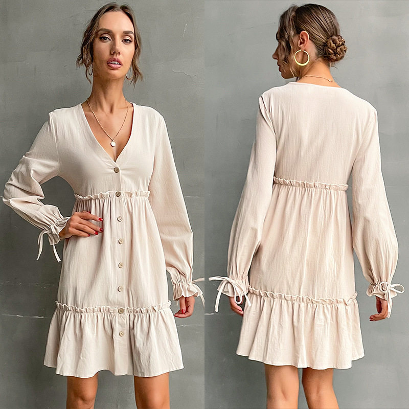 Slim Fit Cardigan Dress Ruffle Trim Long Sleeve Solid Color Casual Wear Suitable for Spring and Autumn Wholesale