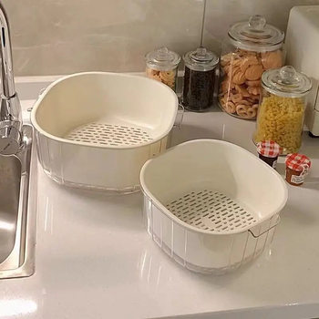 New Double-Layer Vegetable Washing and Draining Basket Living Room Plastic Fruit and Vegetable Thickened Water Filter Vegetable Basket Basin Home Kitchen