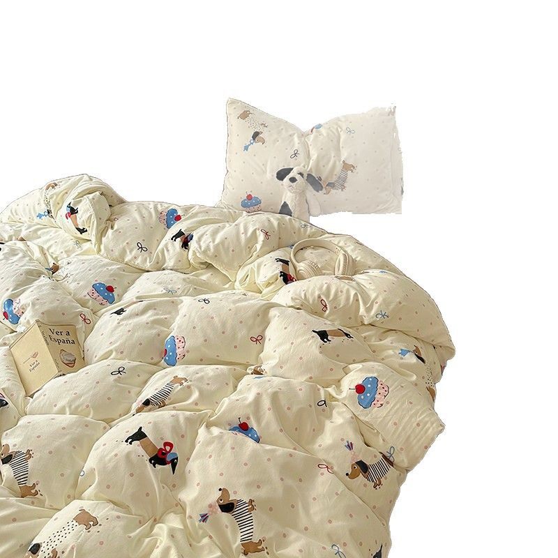Class A Mother and Child Washed Cotton Four-Piece Set Ins Small Fresh Bed Cover Bed Sheet Quilt Cover Cartoon Student Dormitory Three-Piece Set
