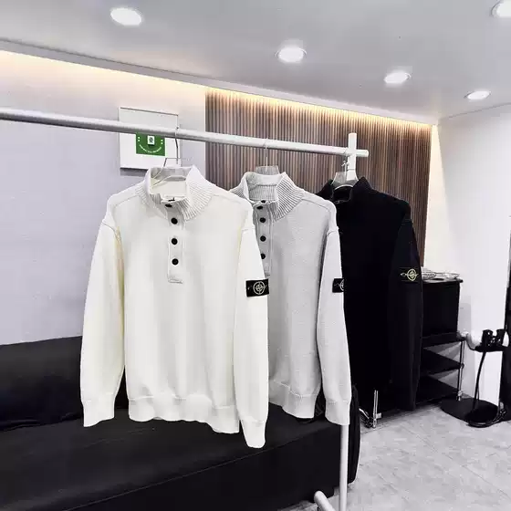 Cross-Border Stone Island New Autumn and Winter Half-Zip Solid Color Turtleneck Pullover Wool Denim Felt Lining Placket Sweater