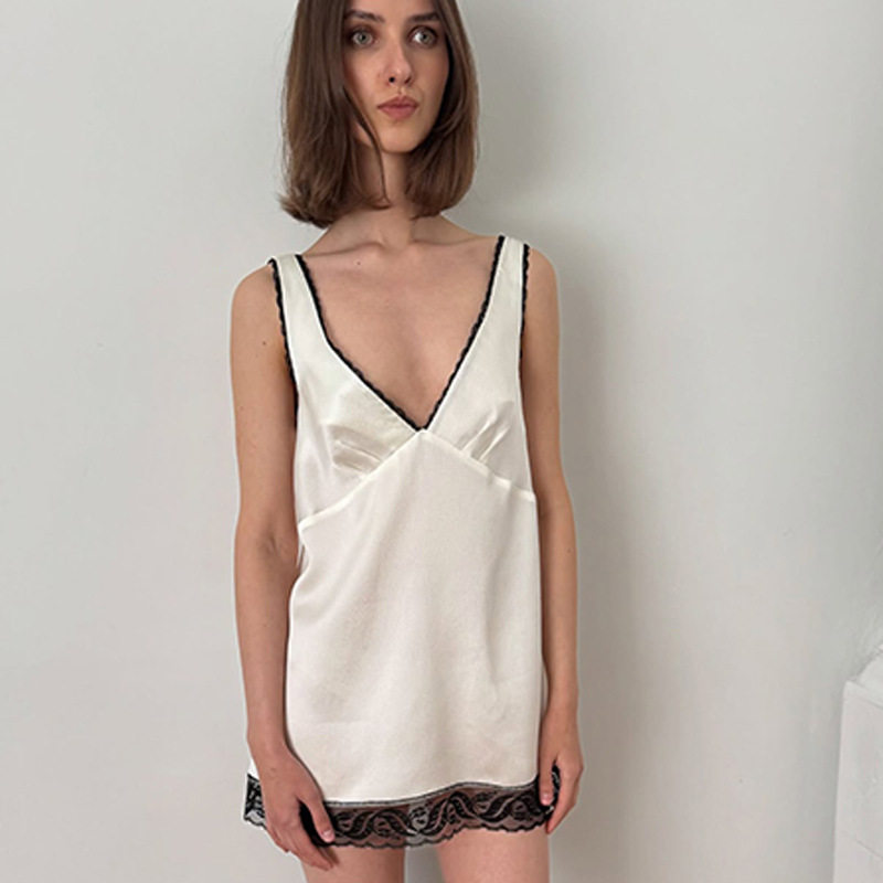 Loose Casual Fashion Womens Lace Trimmed V Neck Sleeveless Satin Home Dress Summer Short Skirt Wholesale Available
