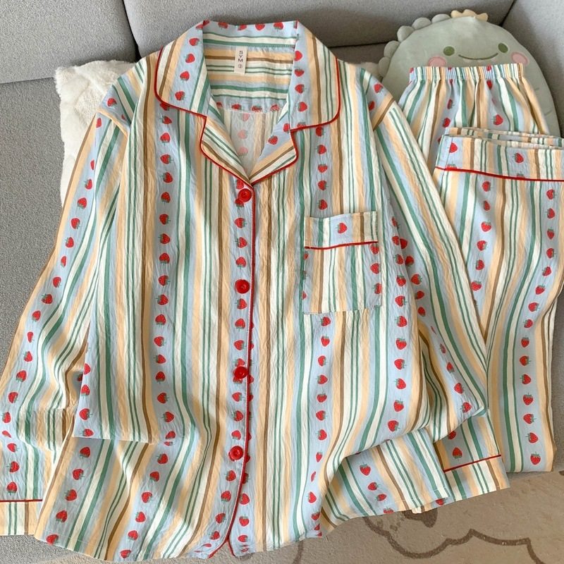 带胸垫大码睡衣女春秋季长袖甜美少女草莓条纹家居服套装现货跨境