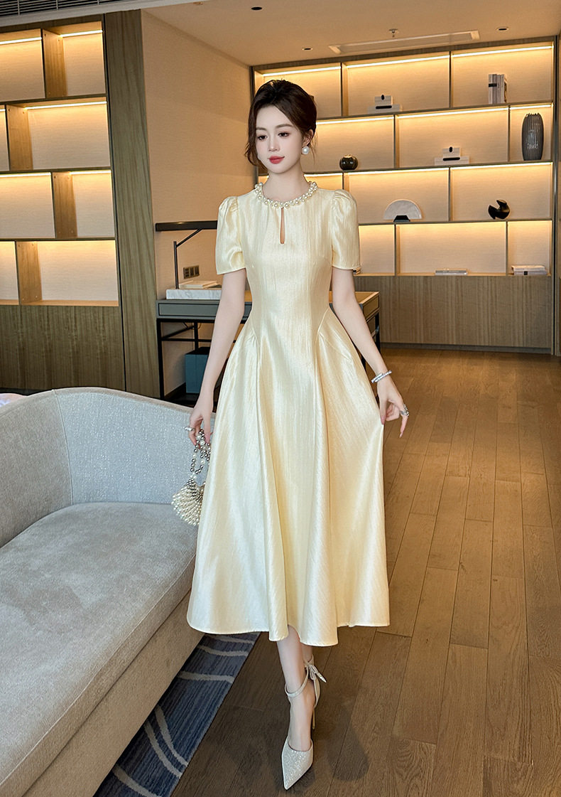 Đầm maxi nữ thắt eo cổ tròn tay ngắn phong cách Pháp — [Màu champagne] chi tiết 4