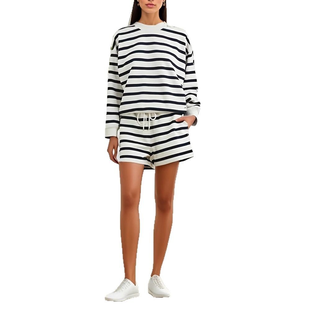 Womens Color Block Striped Sweatshirt Set Loose Fit Round Neck Long Sleeve Shoulder Cutout Shorts Spring Fall