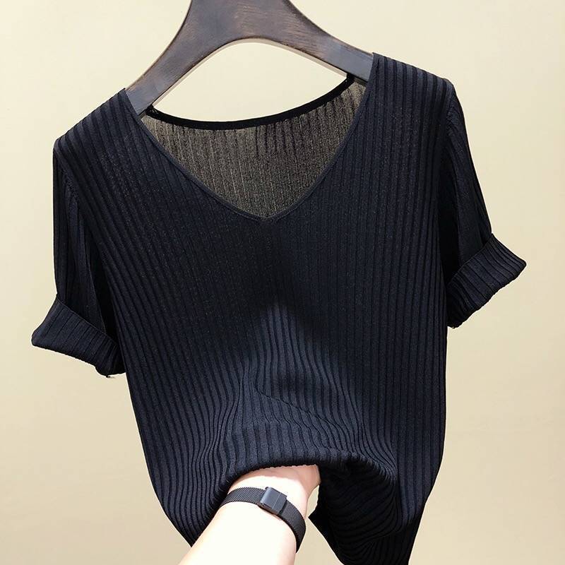 Womens Ice Silk Short Sleeve T Shirt Slim Fit V Neck Knitted Fabric Summer Casual Wear Wholesale Available