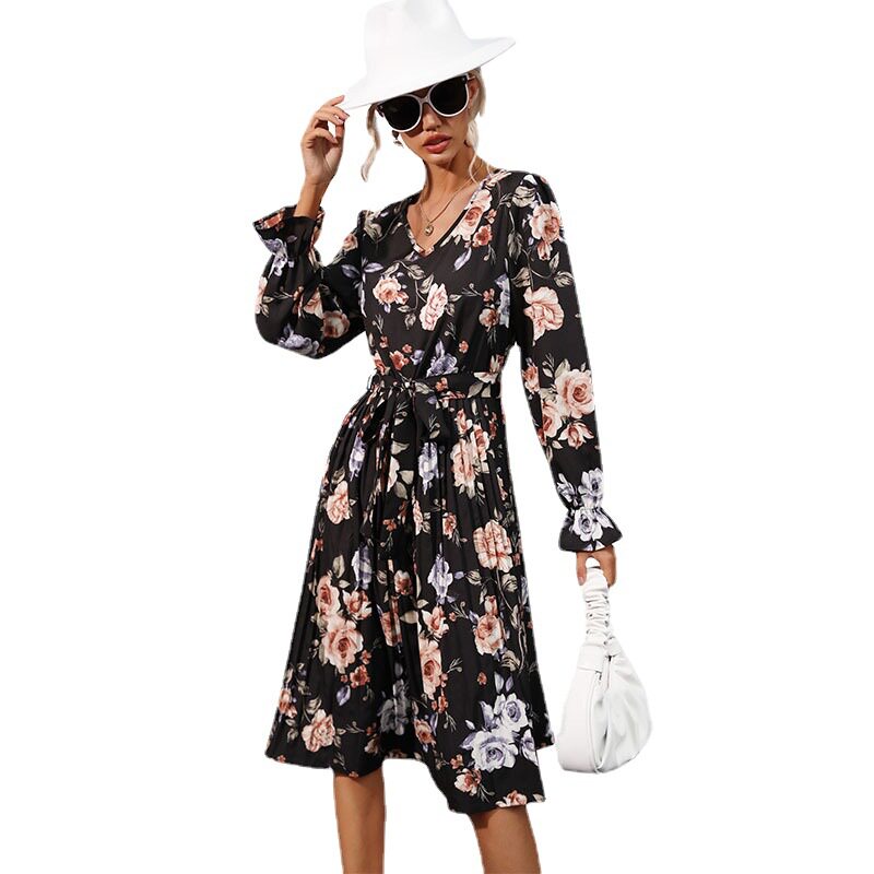 Printed Long Sleeve Dress Pleated Design Mid Length Fashionable for Women Perfect for Casual or Formal Occasions