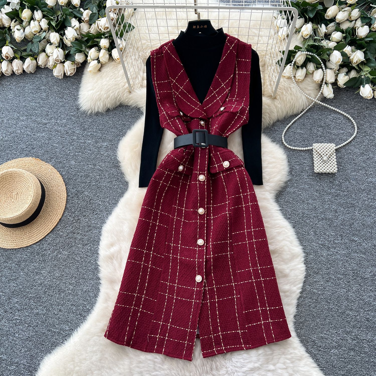 Plaid Wool Blend Sleeveless Dress Set Elegant French Style Layered with Turtleneck Long Sleeve Knit Top Autumn Fashion