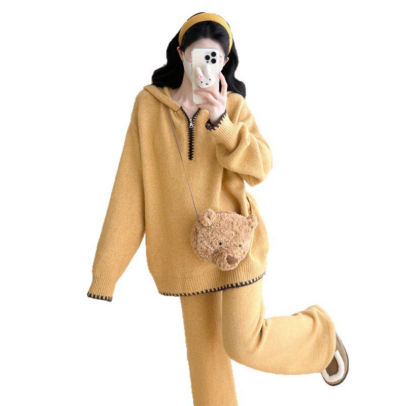 2025 Autumn and Winter Maternity Wear New Korean Style Temperament Hooded Pullover Knitted Top Maternity Wide Leg Pants Suit