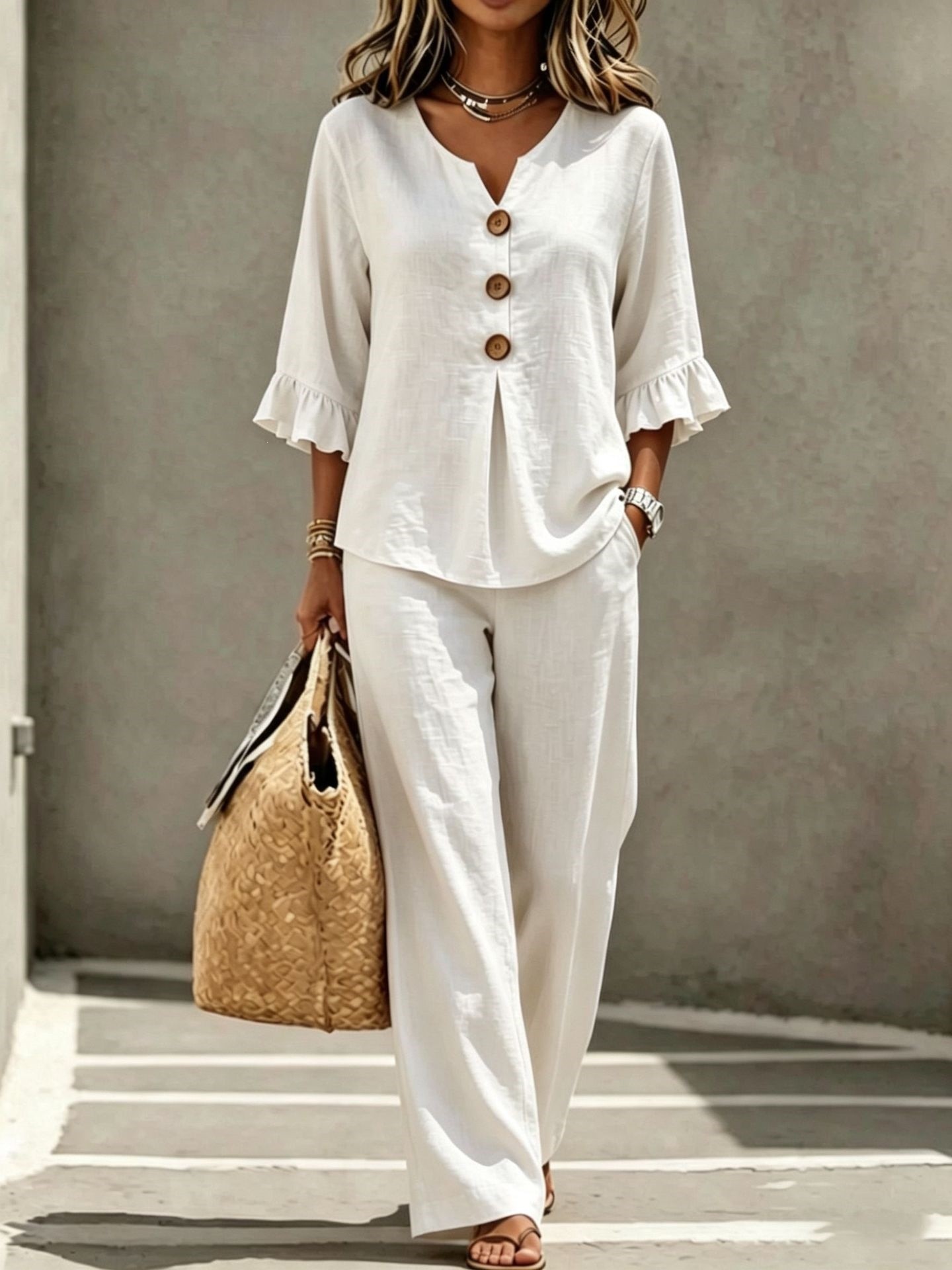 Summer V Neck Casual Top and Long Pants Set Short Sleeve Pocket Design Comfortable Fabric Perfect for Everyday Wear