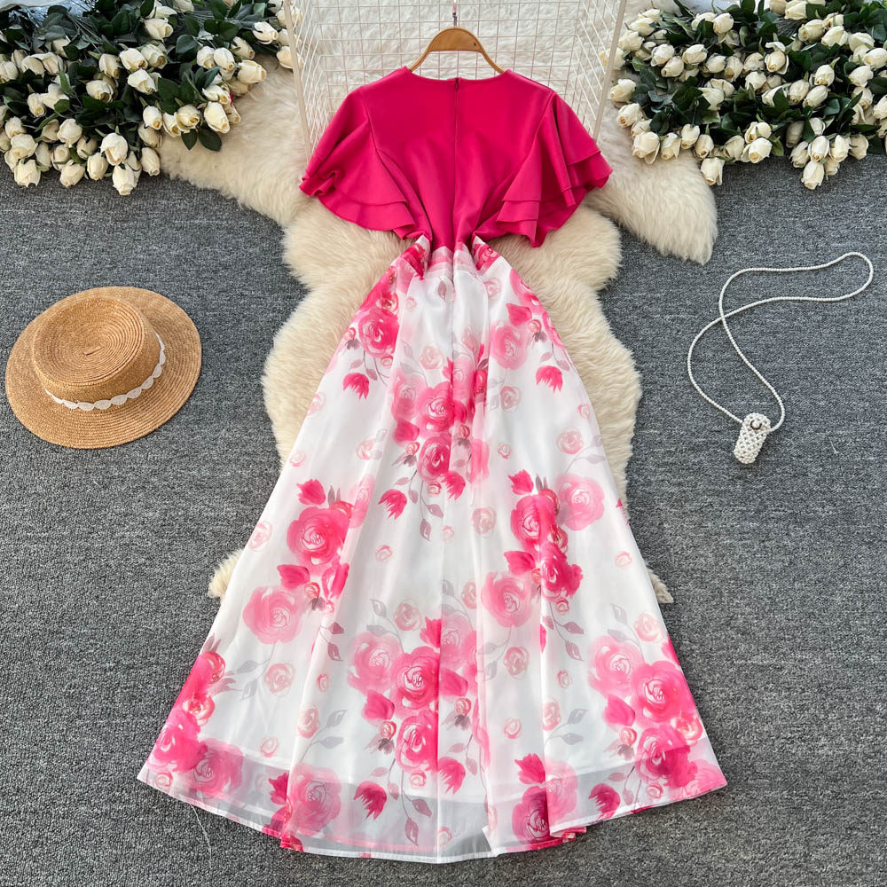 French Style V Neck Ruffle Sleeve Color Block Printed Maxi Dress for Women Summer Fashion Slim Fit Elegant Design