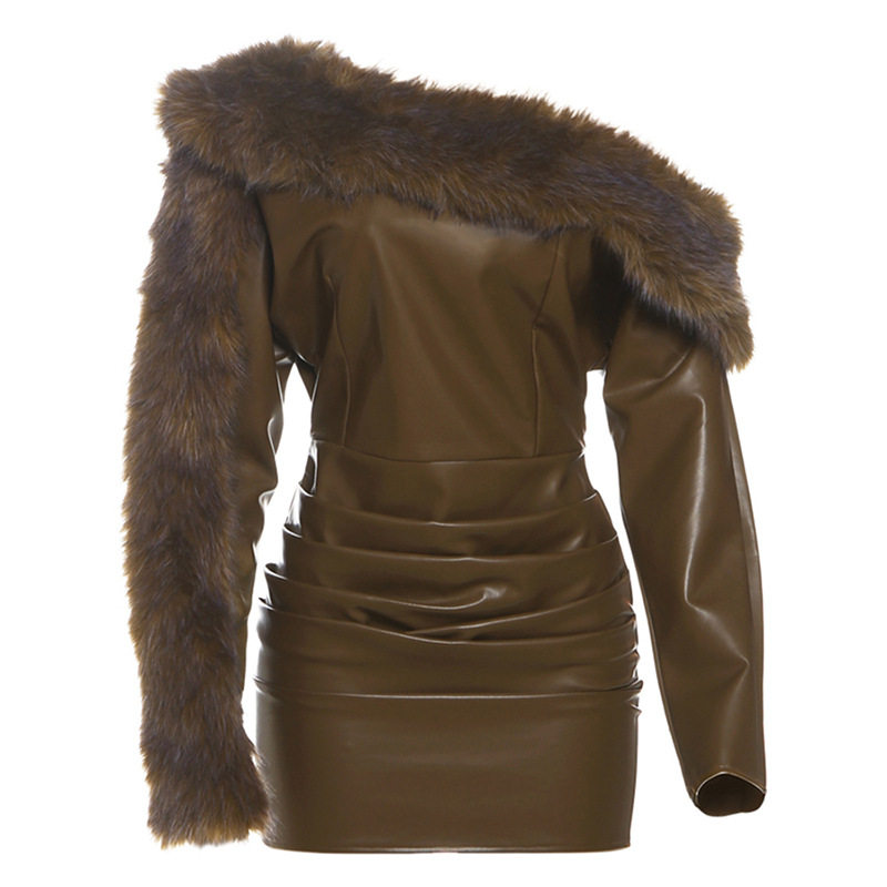 Fashionable Womens Bodycon Dress Asymmetrical Shoulder Faux Fur Collar Leather Patchwork Autumn Winter Evening Wear