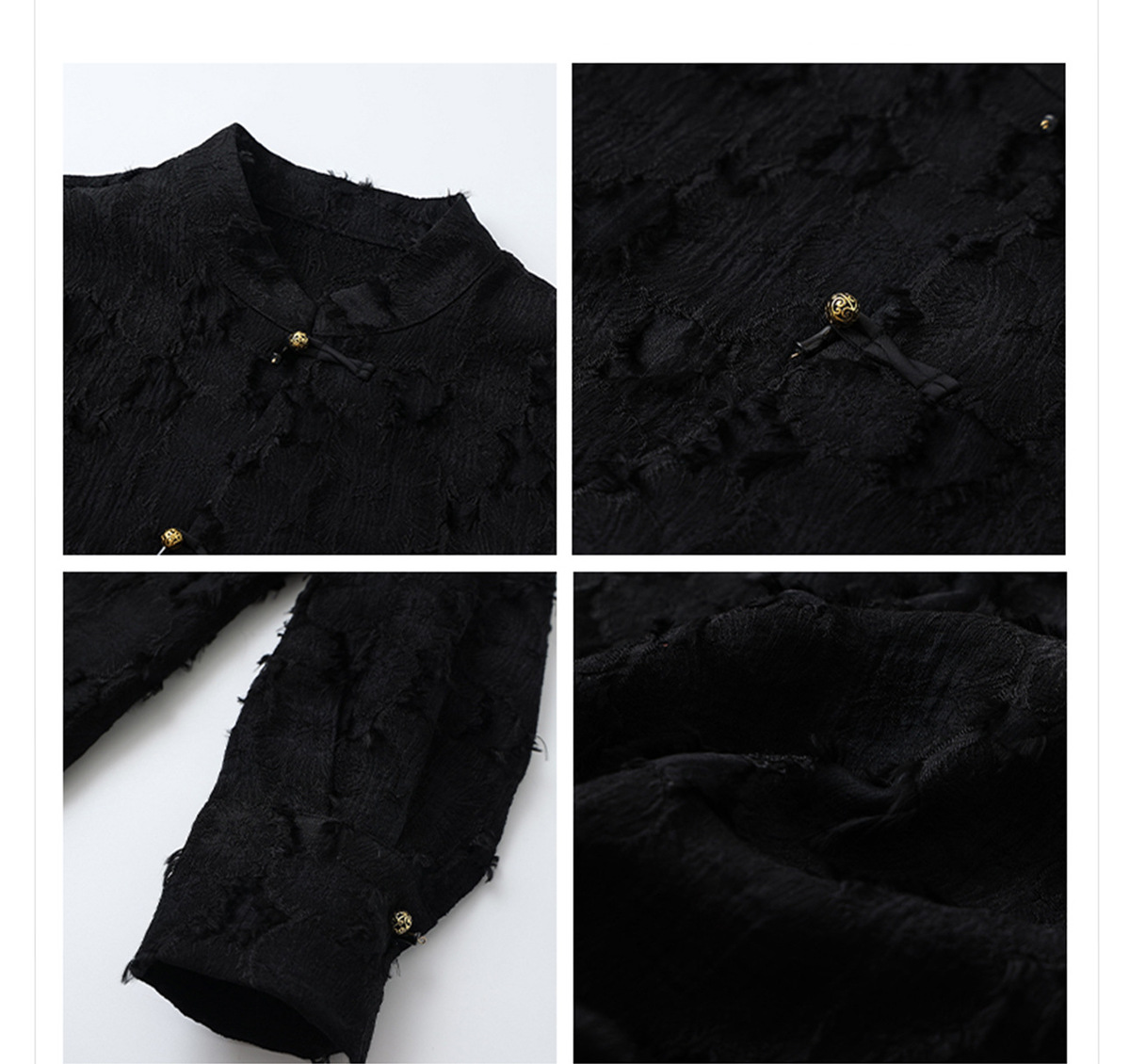 Áo sơ mi nữ dài tay cổ đứng vạt chéo cúc bấm phối họa tiết — Dark Night Black (Giao hàng ngay hôm nay), Dark Night Black (Giao hàng trong 7 ngày), Màu vàng mạch nha (cấp trong ngày), Màu vàng mạch nha (tóc 7 ngày)