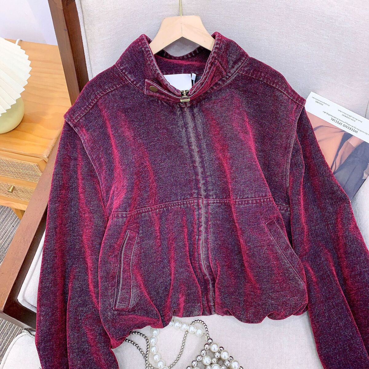 Áo khoác denim nữ dáng thon có túi, thiết kế tháo rời — Đỏ oiran, Xanh biển đậm