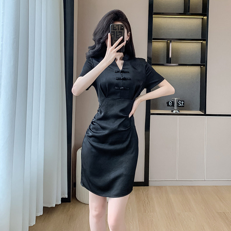 Váy Đầm Nữ Dáng Ôm Chiết Eo Phong Cách Trung Hoa Cổ Điển Màu Đen