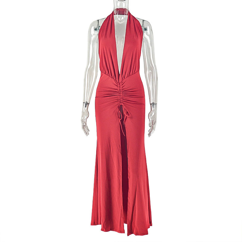 Elegant Womens Bodycon Dress Solid Color Deep V Neck Backless Ruched Design Perfect for Parties and Events OEM