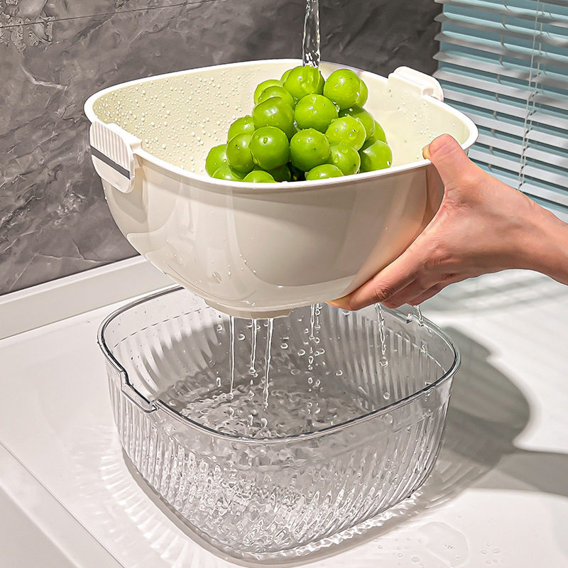 Kitchen double drain basket vegetable basin thickened plastic vegetable basket fruit basin storage basket vegetable basket factory wholesale