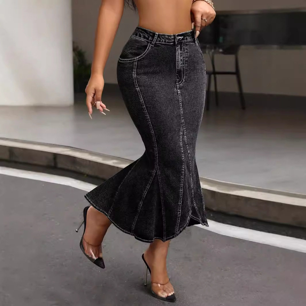 Irregular Hem Bodycon Denim Skirt Womens Fishtail Design Stretch Fabric Casual Chic Wholesale Available