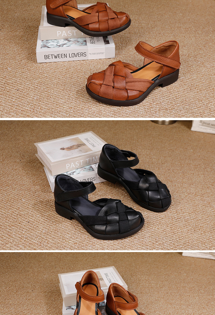 Sandal nữ quai ngang bít mũi đan dây đế mềm da bò — màu đen, Màu nâu