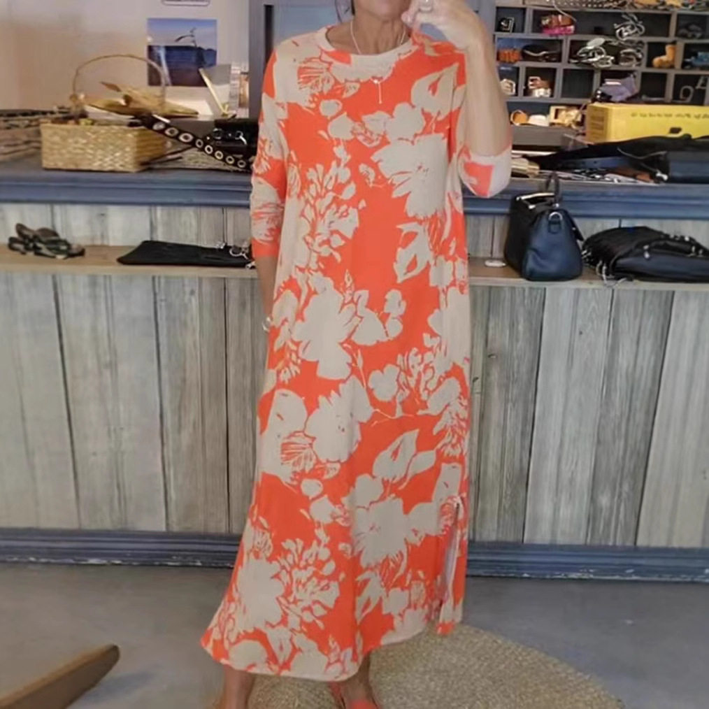 Floral Print Long Sleeve Dress for Women Round Neck Autumn Style Casual Wear Wholesale Available