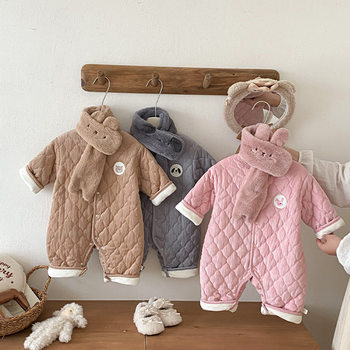 Baby Bib Crawling Clothes 2025 New Winter Newborn Thickeneded Clothes Baby Super Cute Cartoon Quilted Jumpsuit