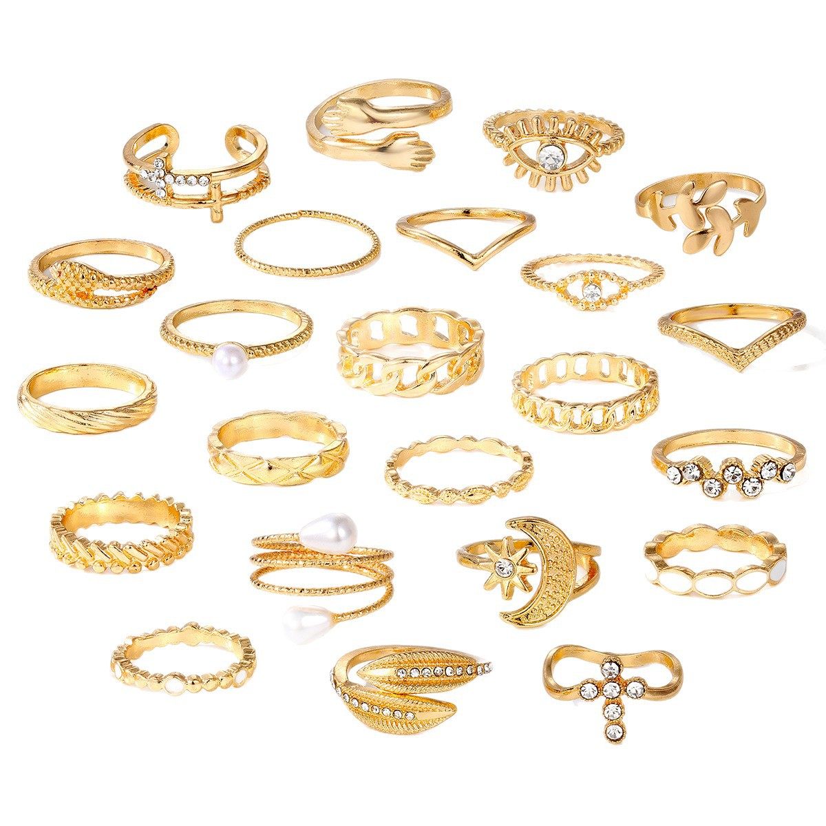 文艺复古百搭麦穗珍珠眼睛戒指23件套创意时尚几何型合金戒指套装