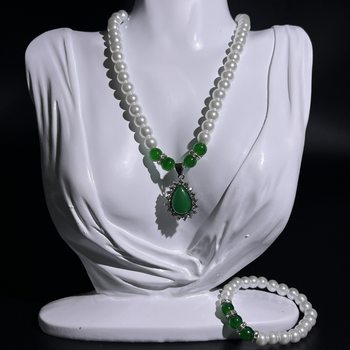 Mother's Day Gift Imitation Pearl Green Chalcedony Jewelry suit Temperament Versatile Necklace Middle-aged and Elderly Glass Clavicle Necklace