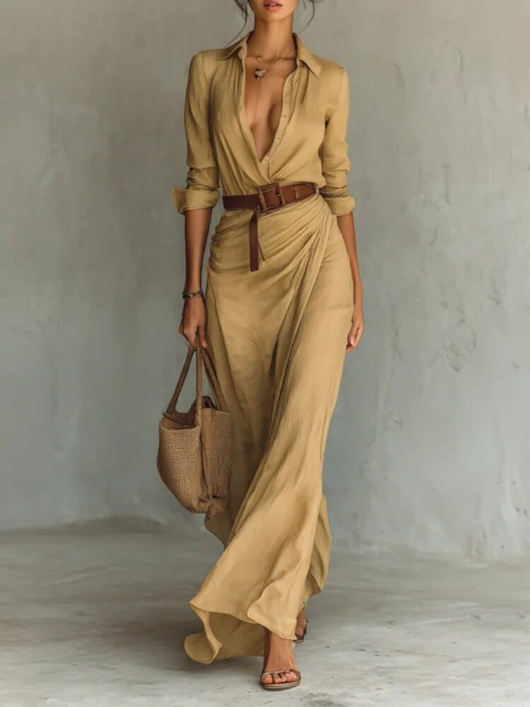 Elegant Womens Autumn Dress Solid Color Irregular Pleats Waist Belt Perfect for Casual or Formal Occasions