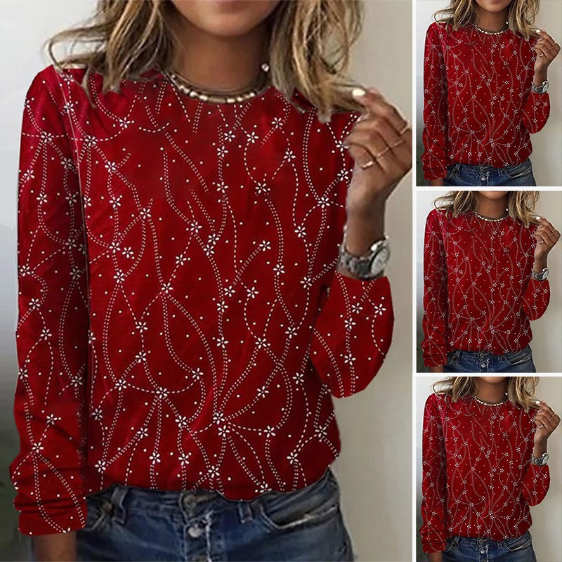 Womens Casual Printed Long Sleeve T Shirt Spring Summer Style Round Neck Comfortable Fabric Wholesale Available