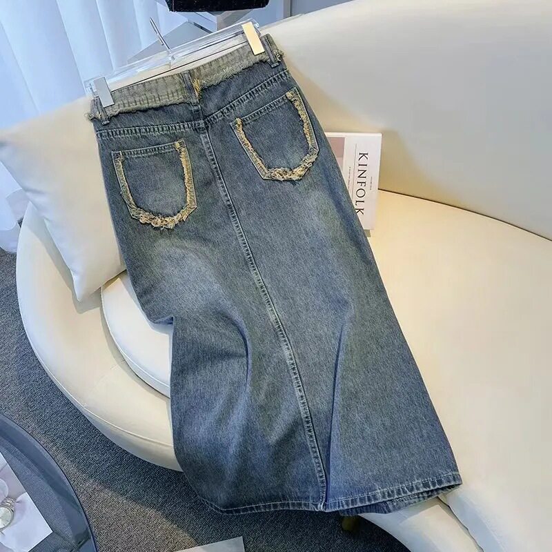 Fashionable Slim Fit High Waisted Denim Skirt Frayed Hem Side Slit Versatile Style Casual Wear Ready to Ship