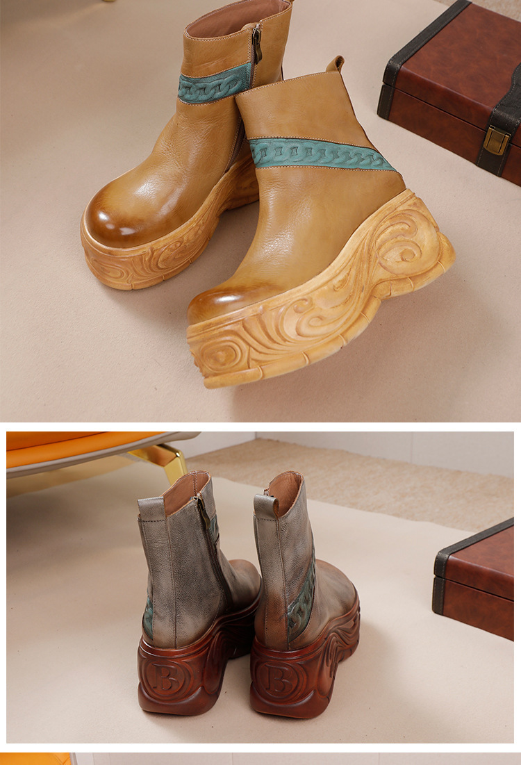 Boot nữ da bò cổ thấp gót cao khóa kéo bên — Màu kaki, Màu xám