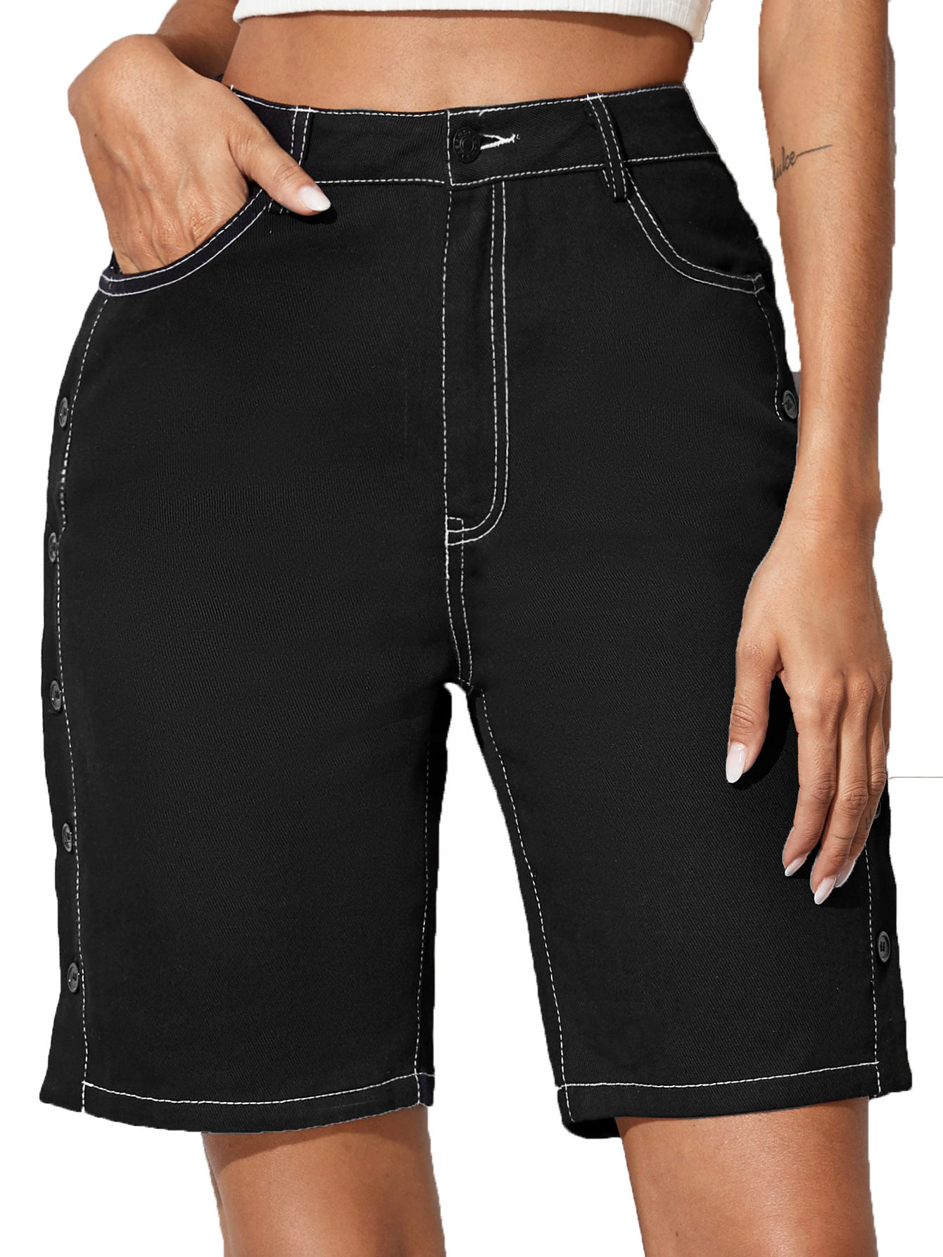 High Waisted Denim Shorts Button Detail Straight Cut Fashionable Spring Summer Casual Wear Wholesale Available