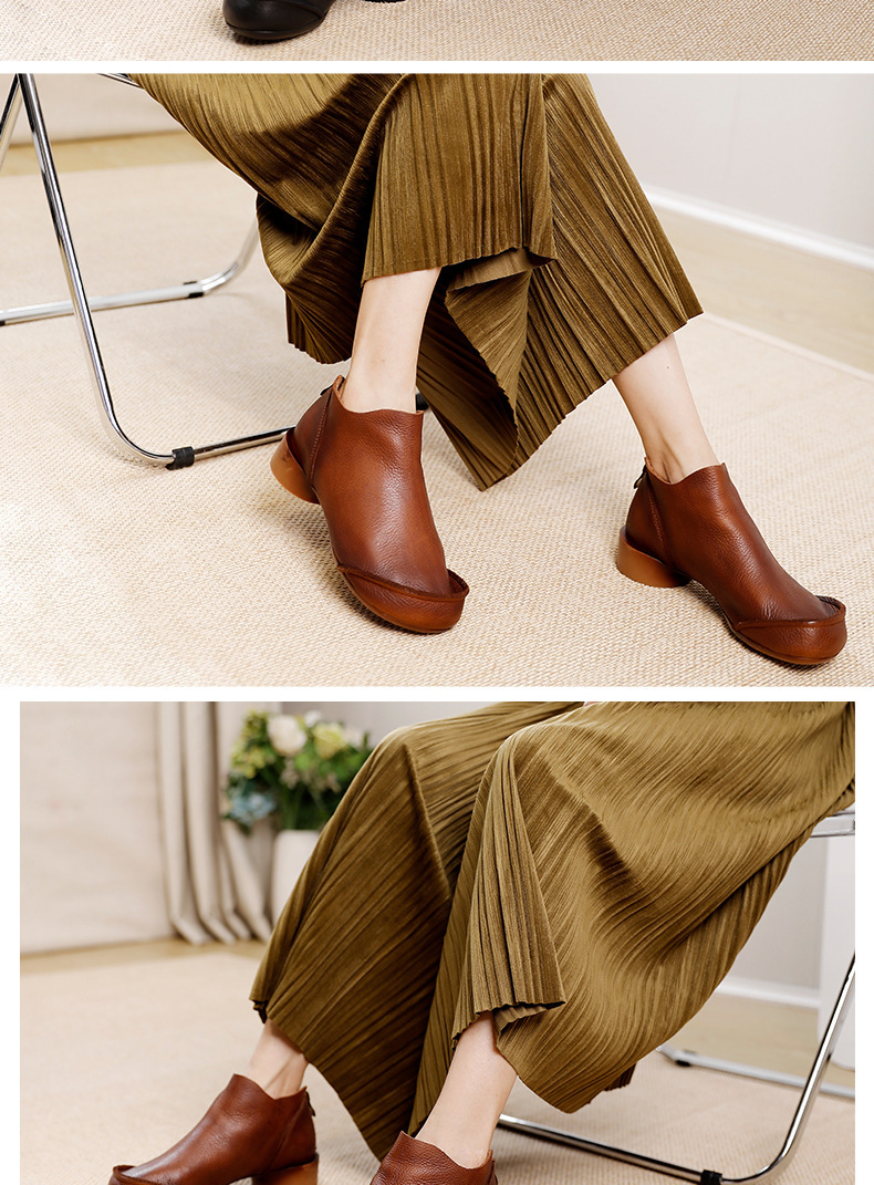 Boot cổ thấp nữ da thật viền bèo gót thô đế mềm — Màu đen, Màu nâu