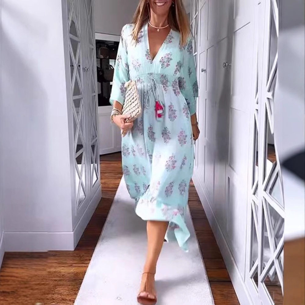 Casual Floral Print V Neck Long Sleeve Dress for Women Trendy Design Comfortable Fabric Versatile Style Wholesale