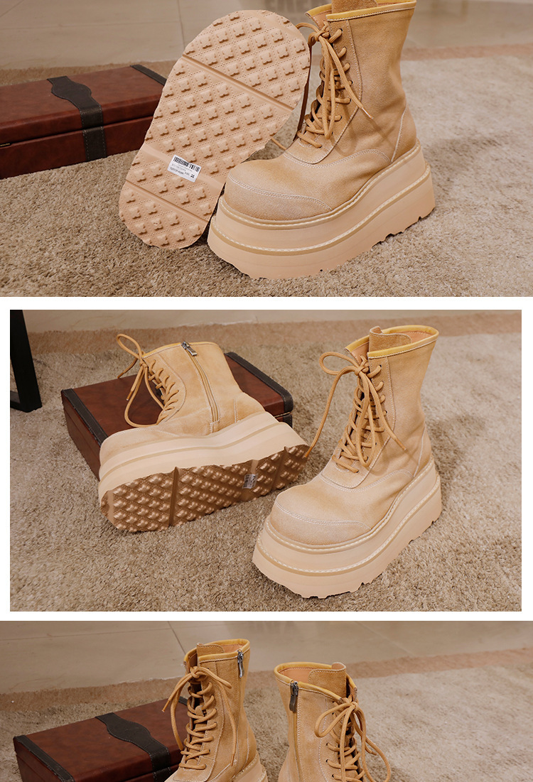 Boot Martin nữ đế dày cổ ngắn da bò thật tăng chiều cao — màu