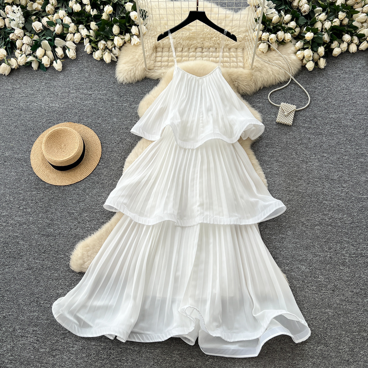 French Style White Sleeveless Dress Bowknot Ruffle Hem Elegant Long Gown Summer Occasion Wholesale Available