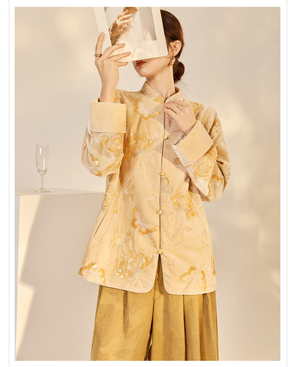 Áo khoác nữ cổ đứng dài tay thêu hoa đính kim sa phong cách retro — Màu cam mơ (giao hàng trong 7 ngày), Màu cam mơ (giao hàng trong ngày)